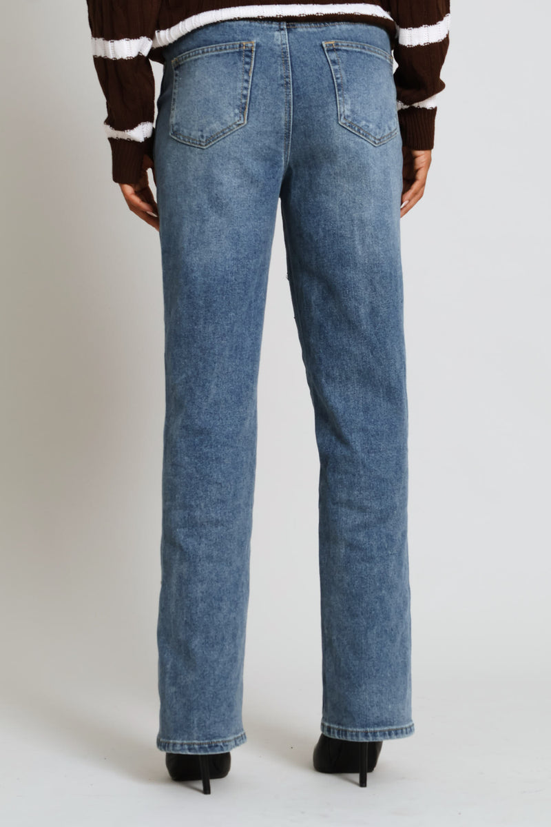 Split Hem Panel Detail Slim Leg Denim - Tea Stain