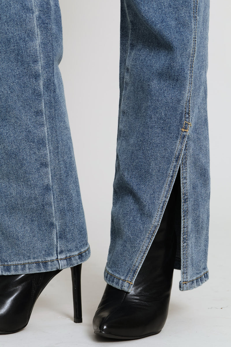 Split Hem Panel Detail Slim Leg Denim - Tea Stain