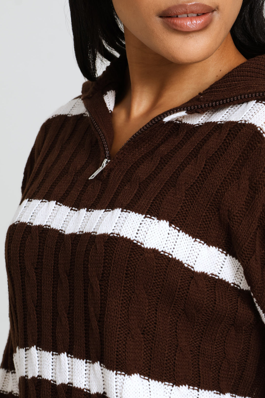 Quarter Zip Funnel Neck Cable Knitwear - Dark Chocolate