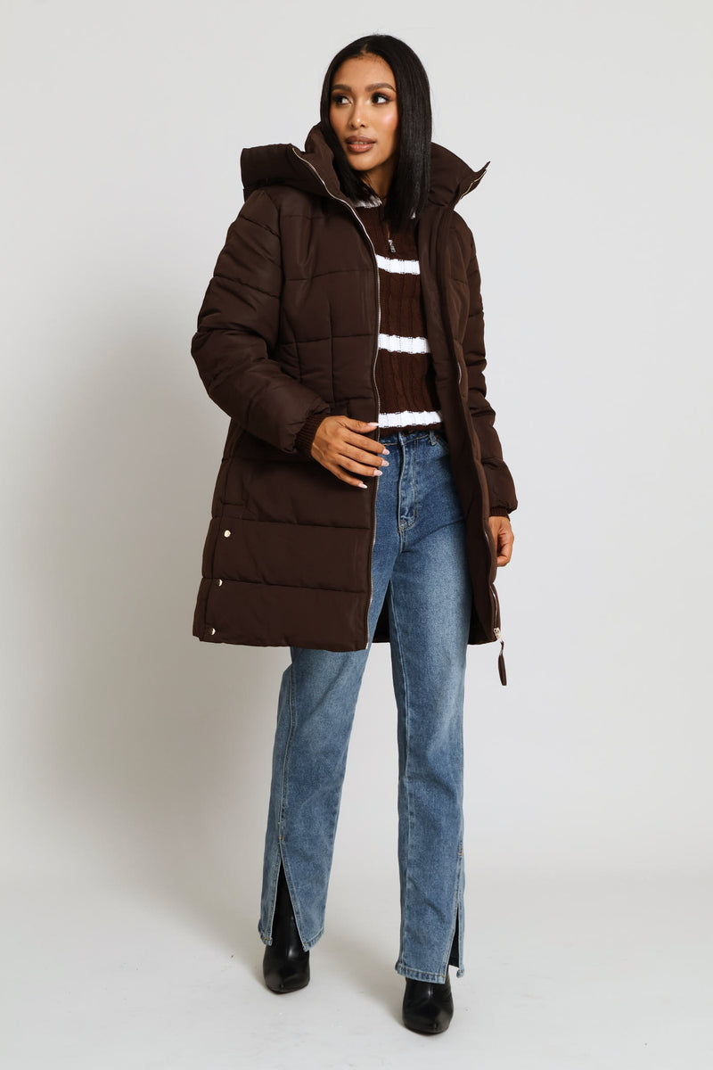 Hooded Long Sleeve Puffer Jacket - Brown