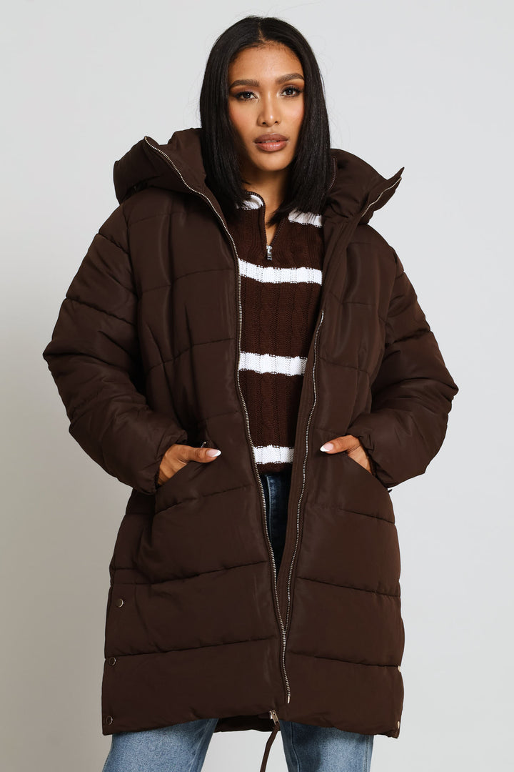 Hooded Long Sleeve Puffer Jacket - Brown