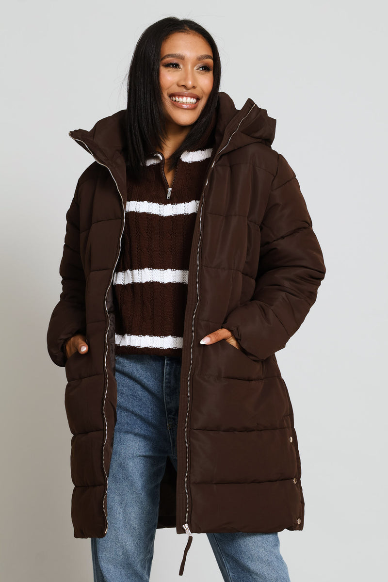 Hooded Long Sleeve Puffer Jacket - Brown