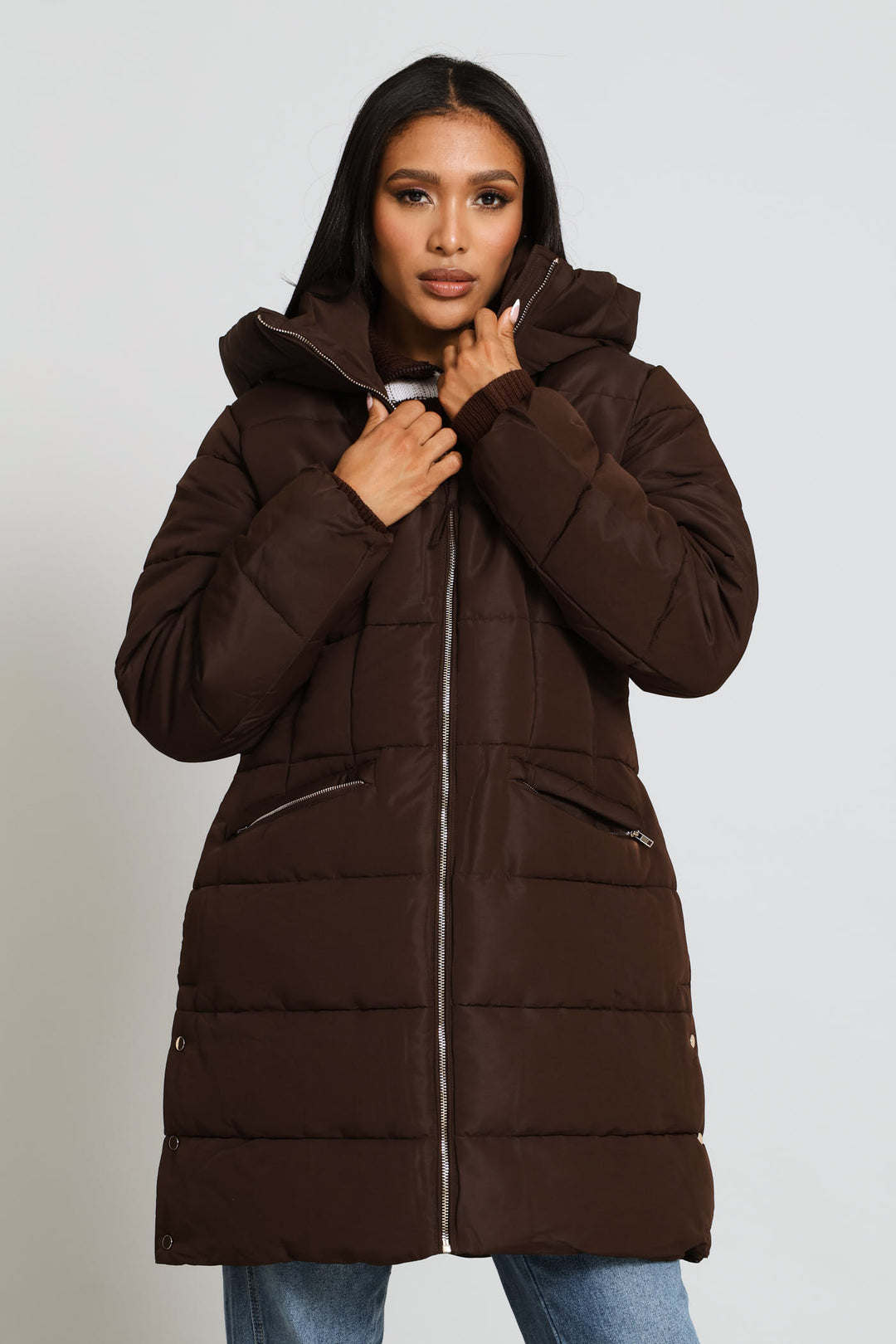 Hooded Long Sleeve Puffer Jacket - Brown