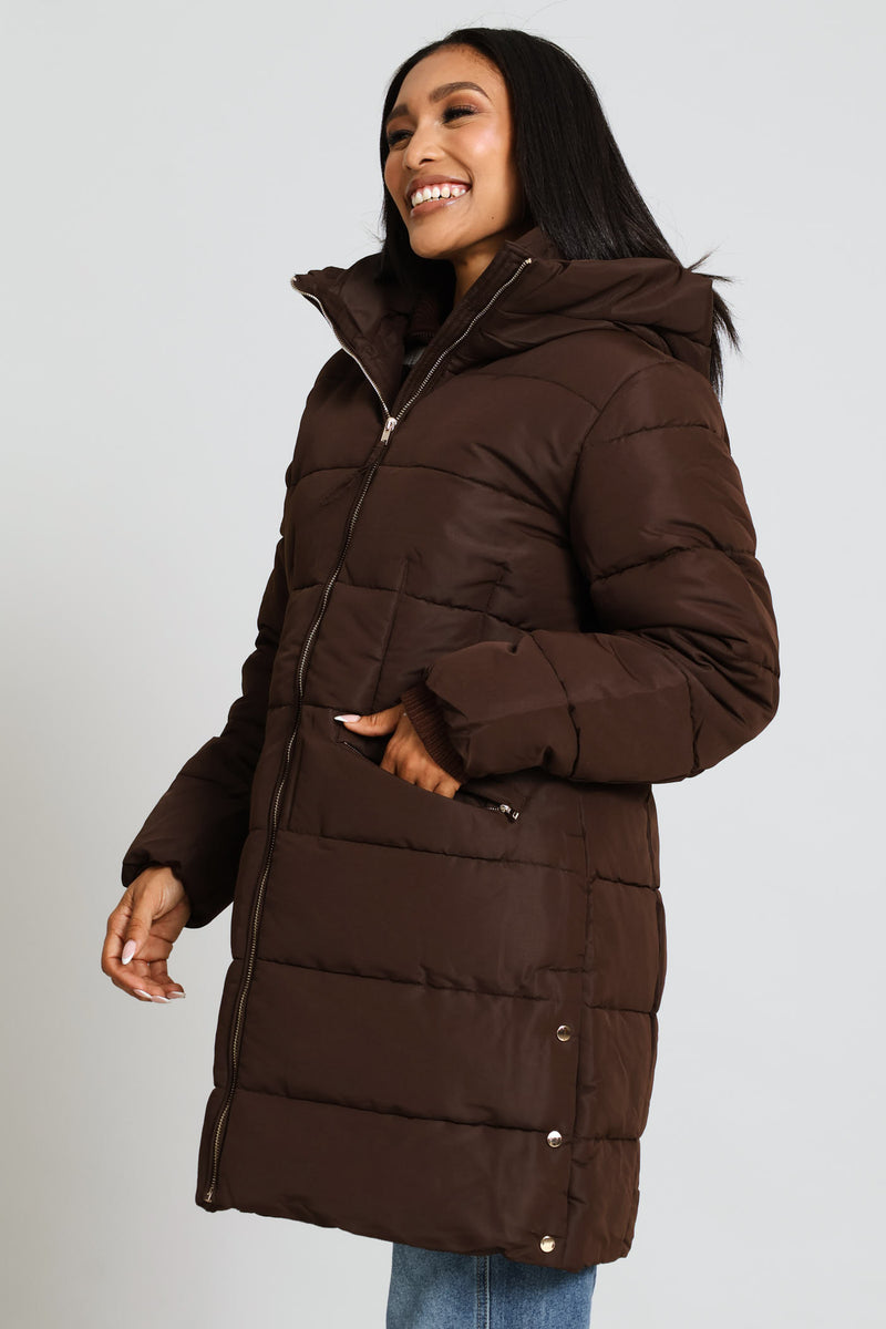 Hooded Long Sleeve Puffer Jacket - Brown