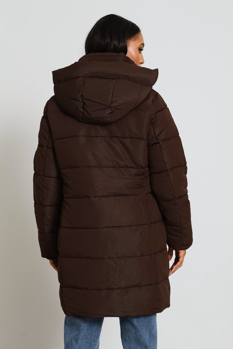 Hooded Long Sleeve Puffer Jacket - Brown