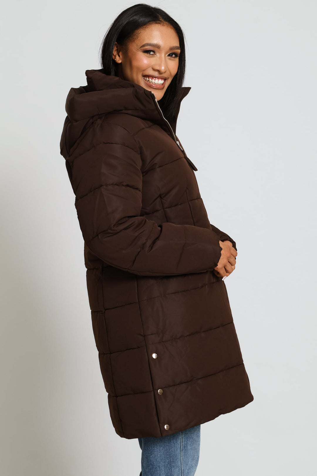 Hooded Long Sleeve Puffer Jacket - Brown