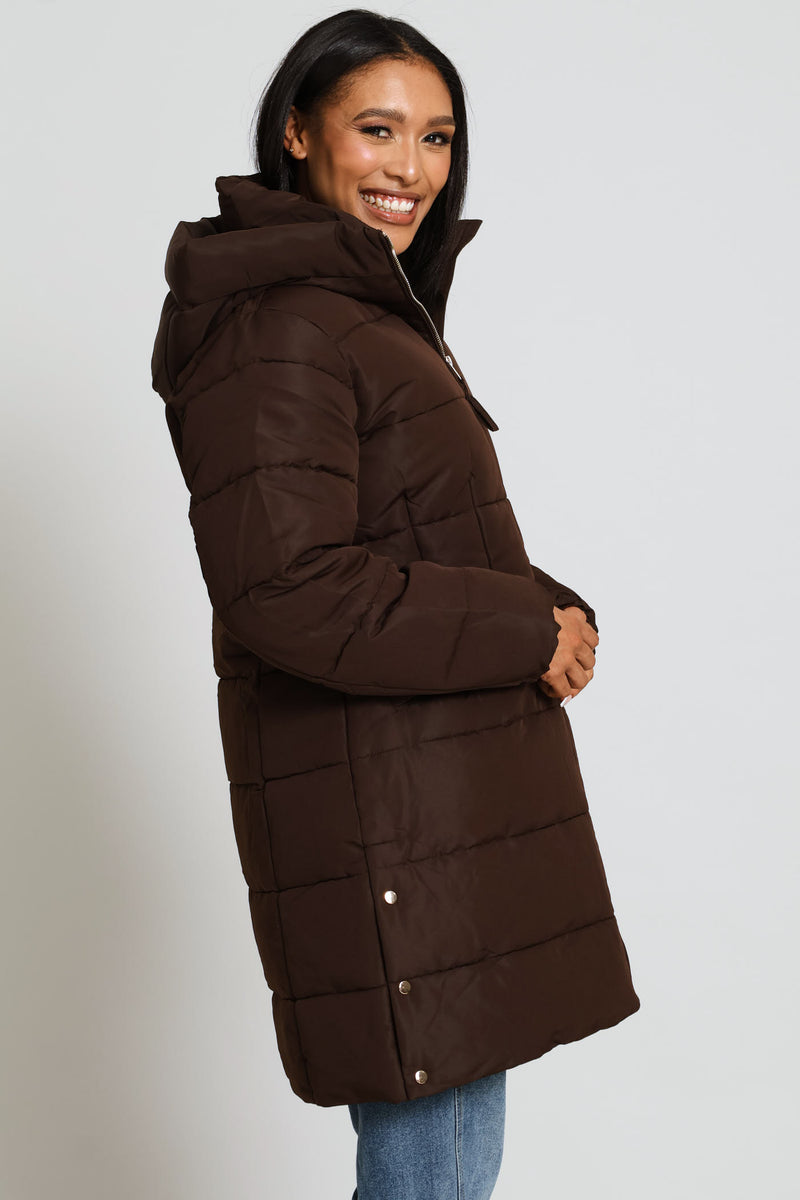 Hooded Long Sleeve Puffer Jacket - Brown