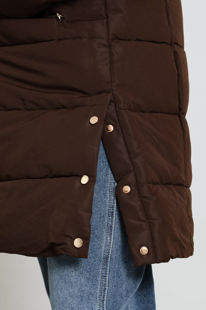 Hooded Long Sleeve Puffer Jacket - Brown