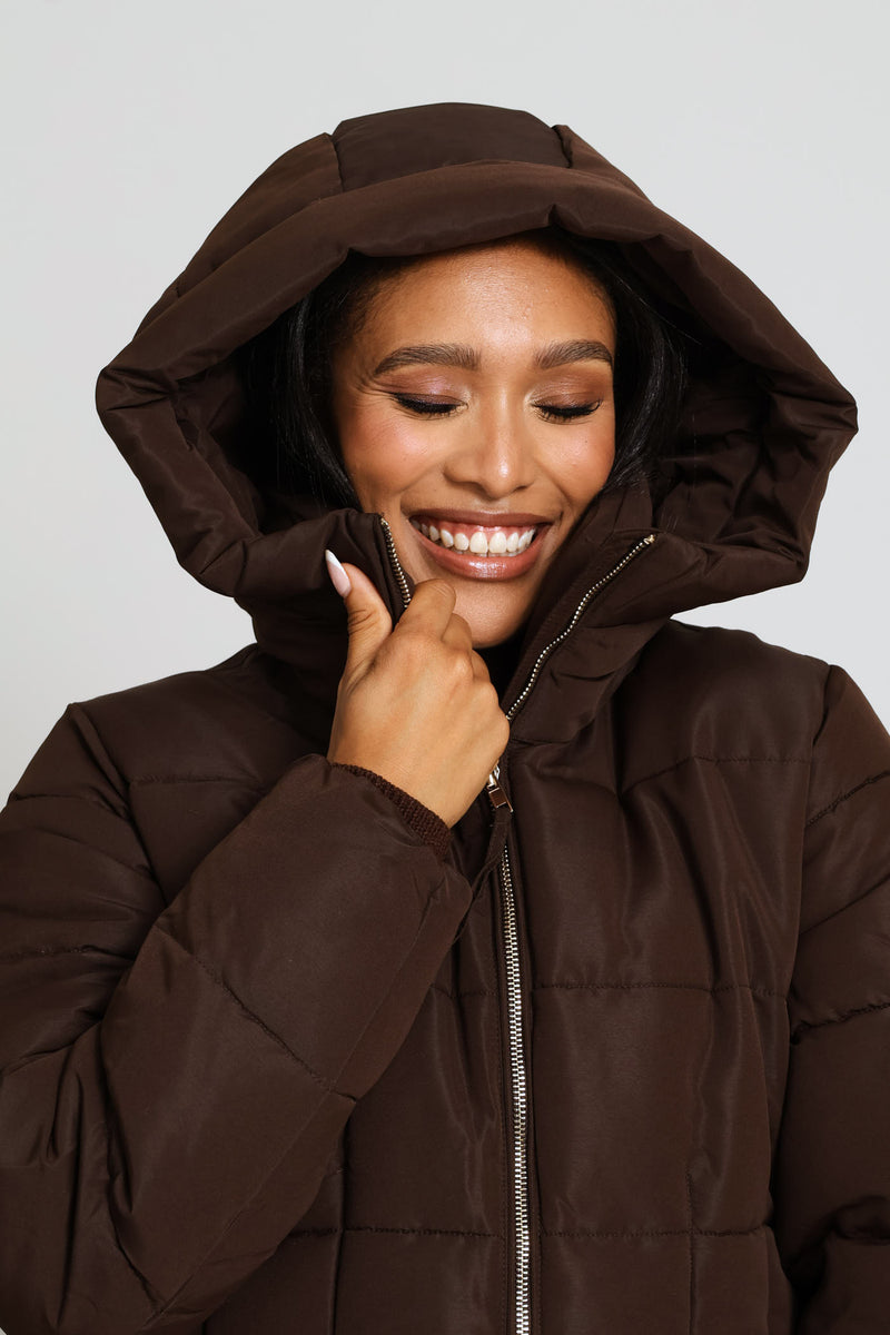 Hooded Long Sleeve Puffer Jacket - Brown