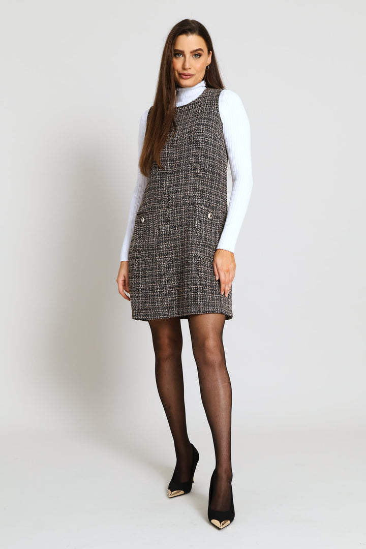 Pocket Flap Shift Tweed Dress - Black
