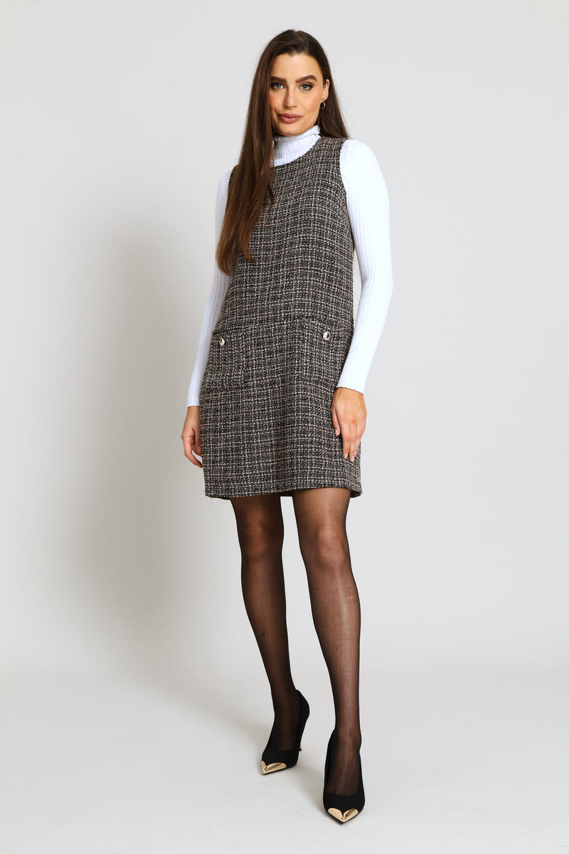 Pocket Flap Shift Tweed Dress - Black