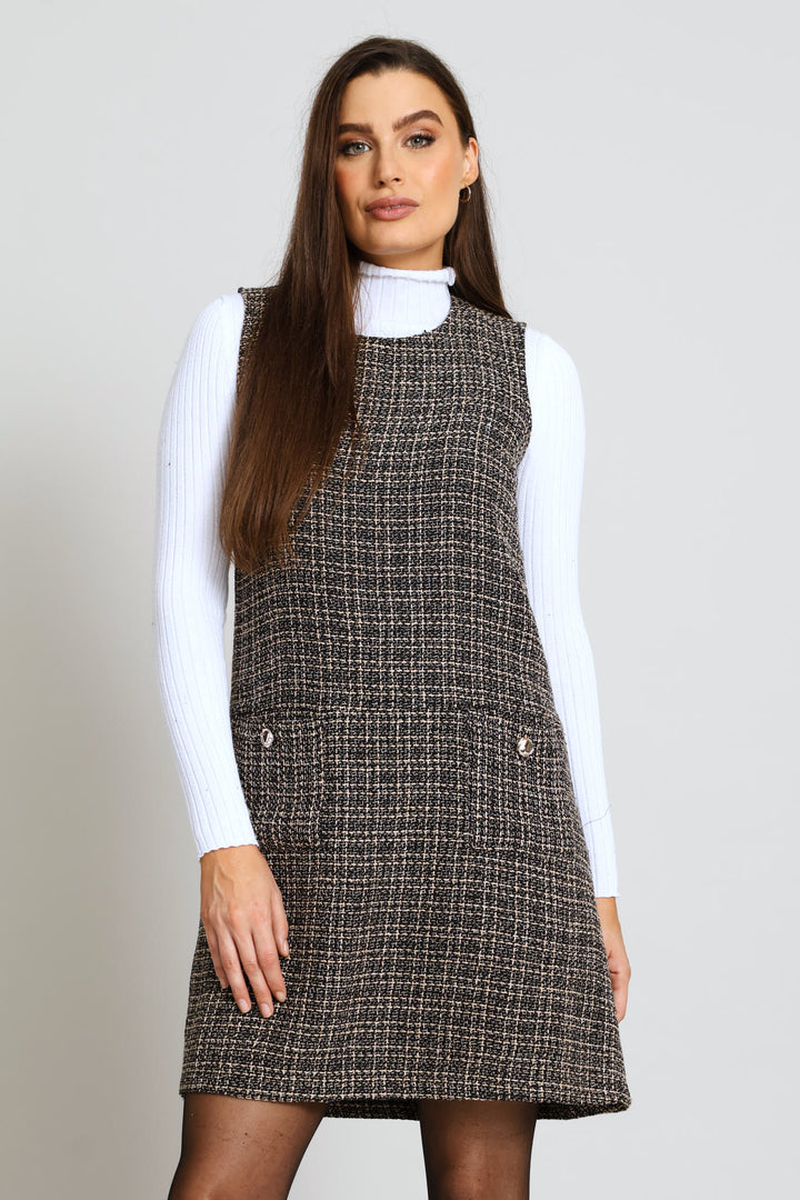 Pocket Flap Shift Tweed Dress - Black