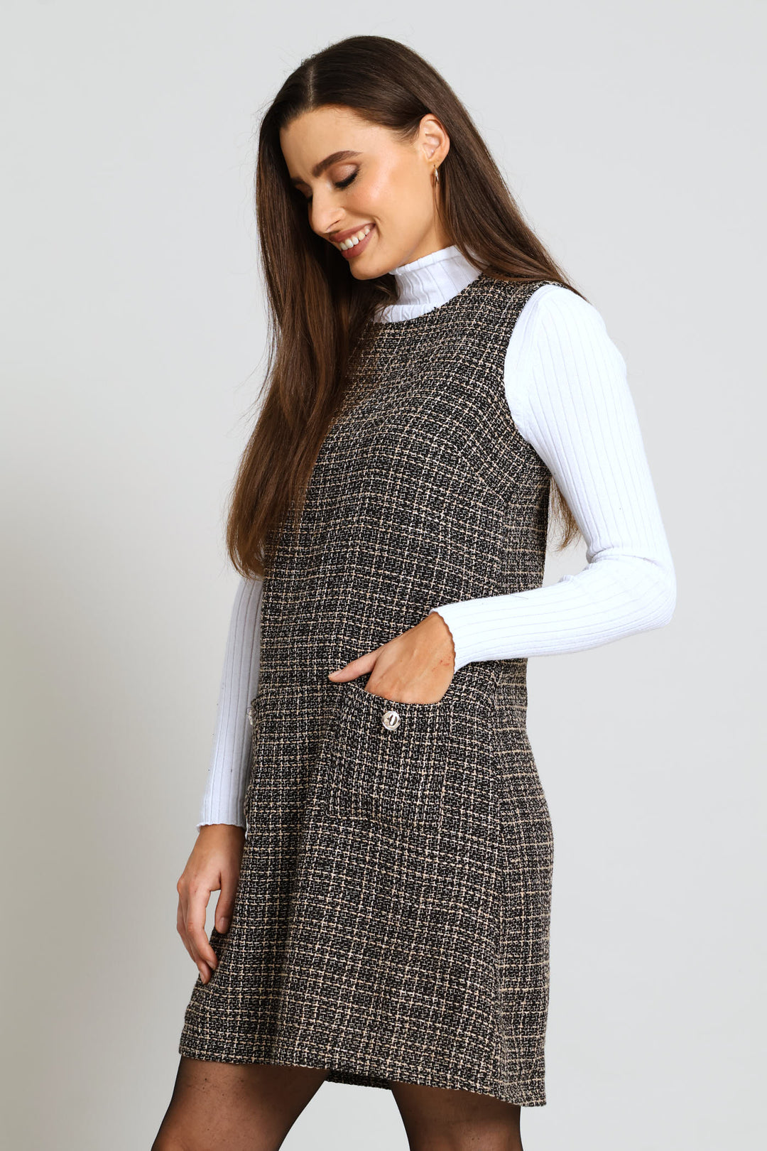 Pocket Flap Shift Tweed Dress - Black