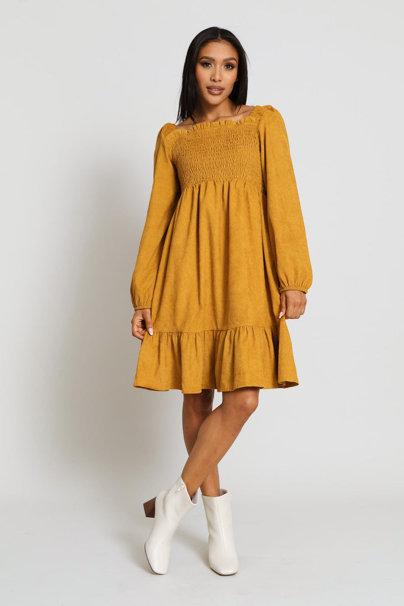 Long Sleeve Square Neck Shirred Bodice Frll Hem Corduroy Mini Dress - Light Ochre