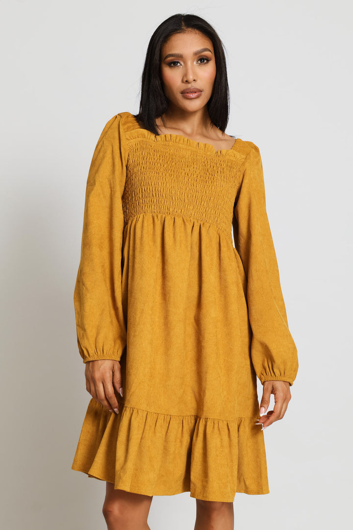 Long Sleeve Square Neck Shirred Bodice Frll Hem Corduroy Mini Dress - Light Ochre