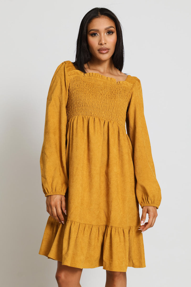 Long Sleeve Square Neck Shirred Bodice Frll Hem Corduroy Mini Dress - Light Ochre