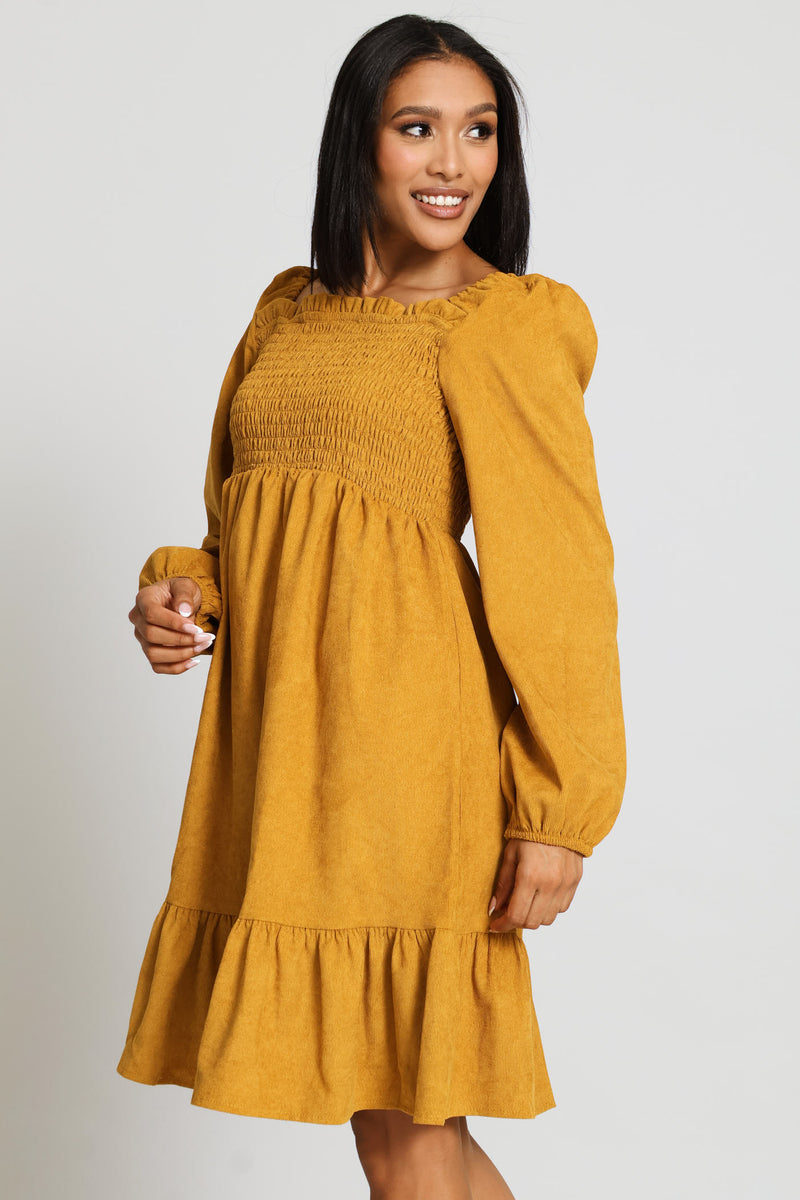 Long Sleeve Square Neck Shirred Bodice Frll Hem Corduroy Mini Dress - Light Ochre