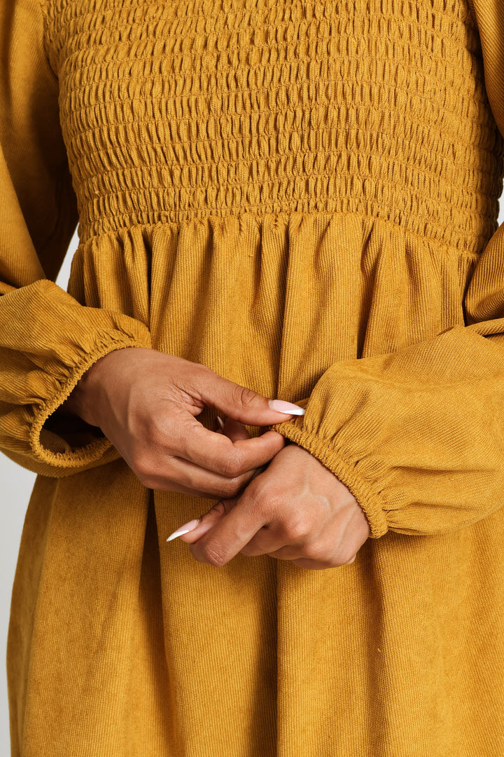 Long Sleeve Square Neck Shirred Bodice Frll Hem Corduroy Mini Dress - Light Ochre
