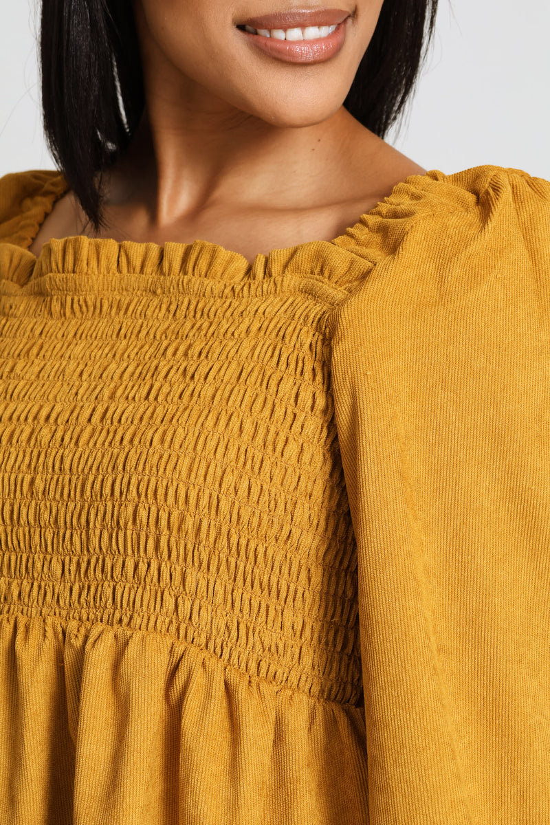 Long Sleeve Square Neck Shirred Bodice Frll Hem Corduroy Mini Dress - Light Ochre