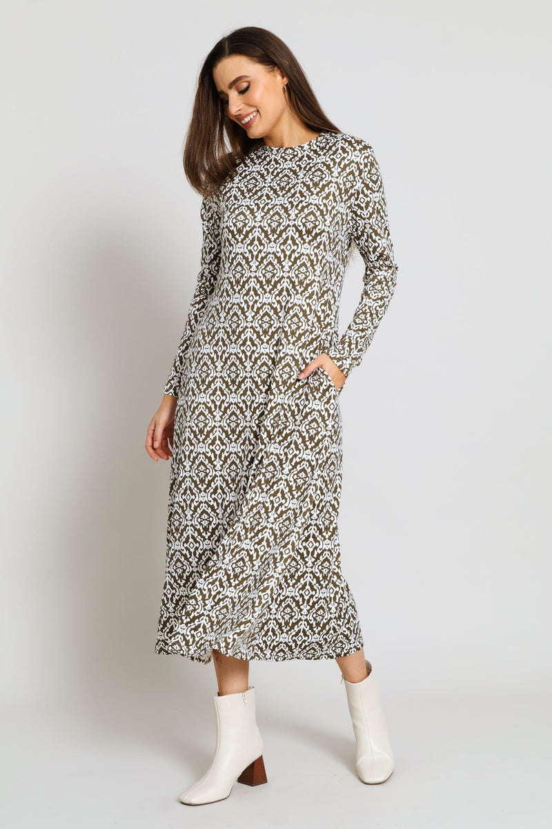 Long Sleeve Printed A-Line Midaxi Dress - Fatigue/Cream