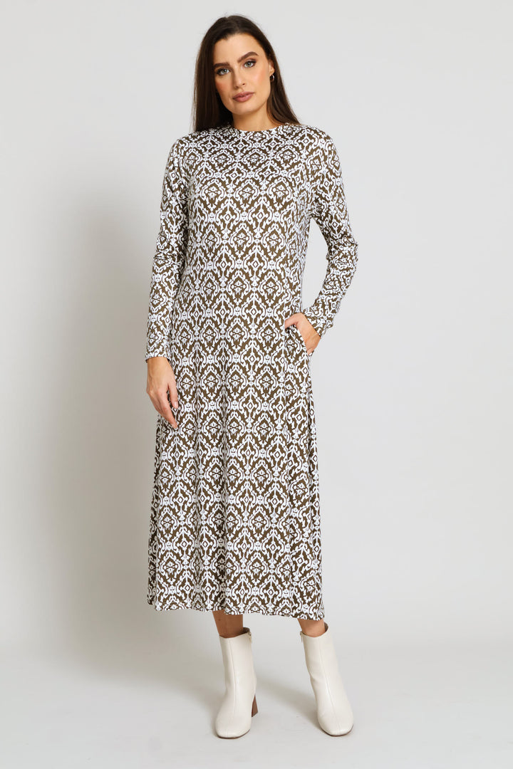 Long Sleeve Printed A-Line Midaxi Dress - Fatigue/Cream