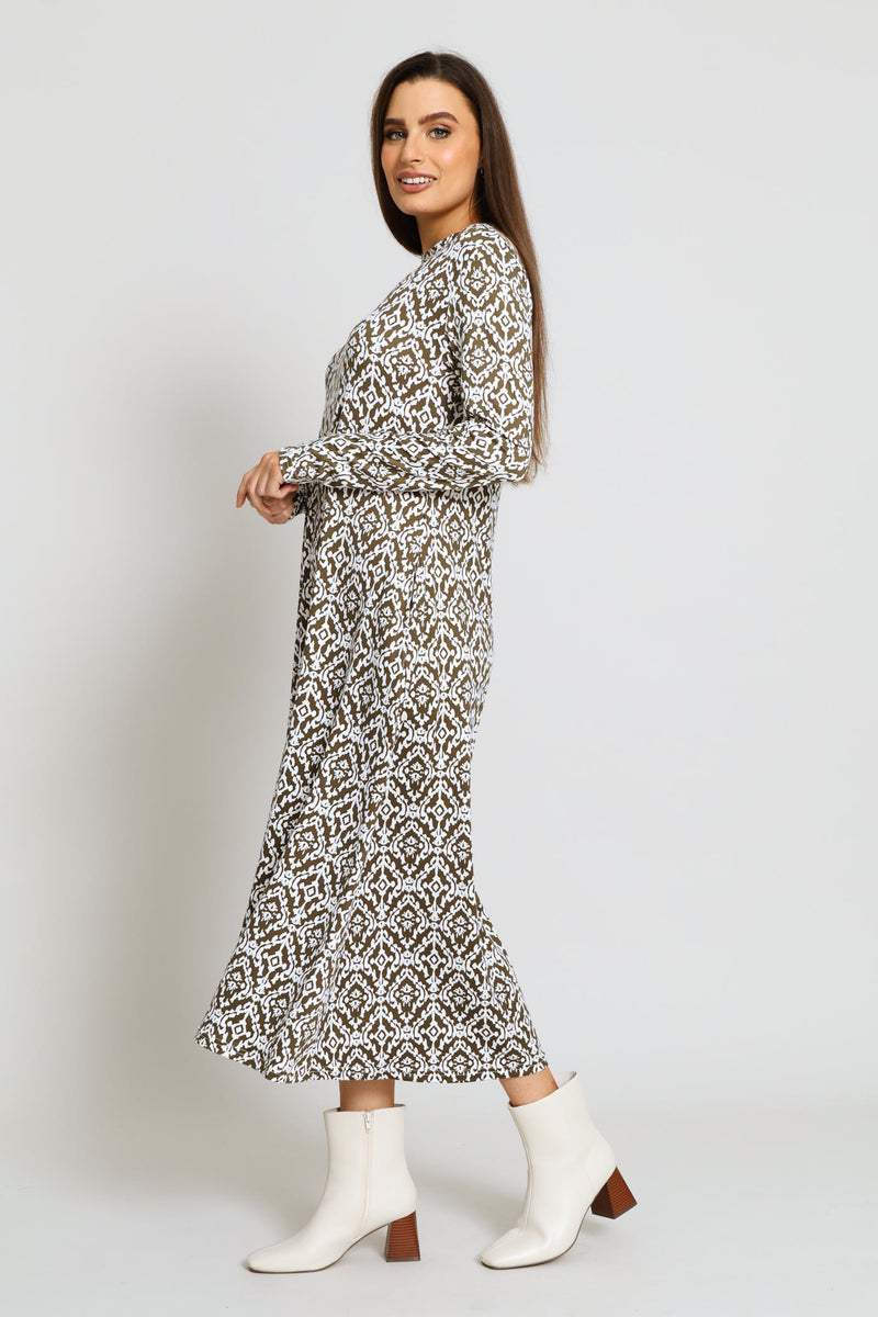 Long Sleeve Printed A-Line Midaxi Dress - Fatigue/Cream