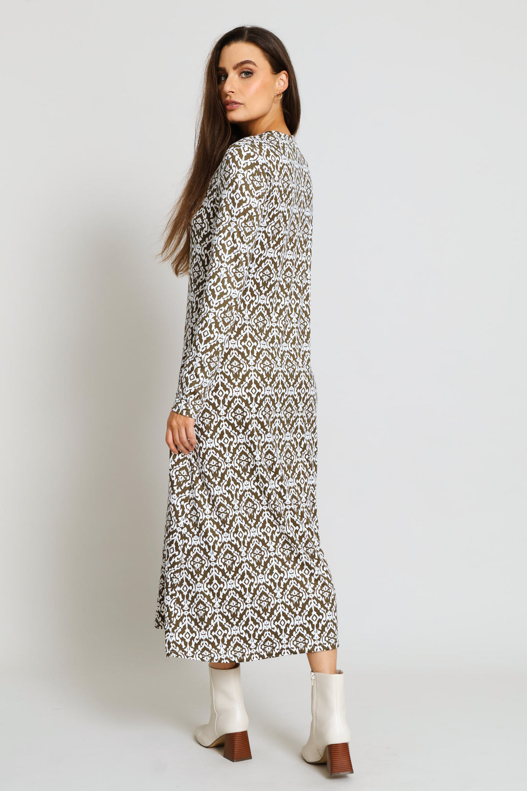 Long Sleeve Printed A-Line Midaxi Dress - Fatigue/Cream