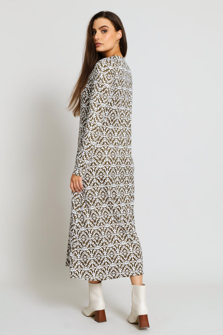 Long Sleeve Printed A-Line Midaxi Dress - Fatigue/Cream