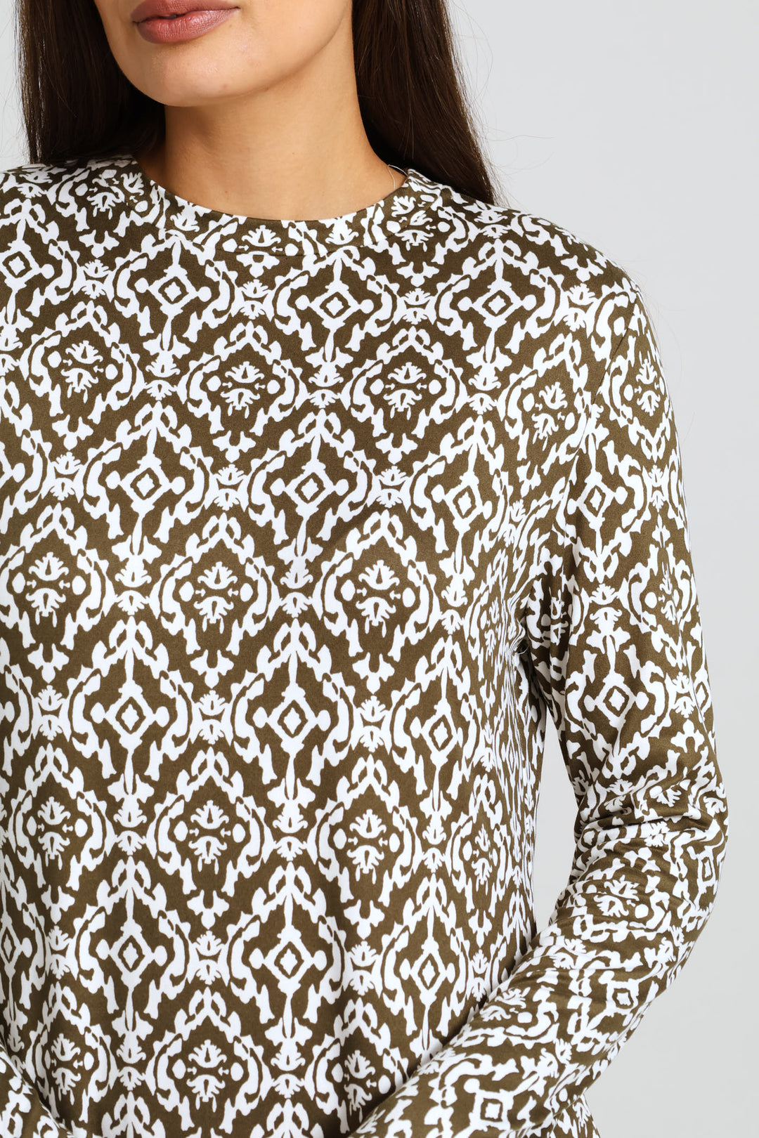 Long Sleeve Printed A-Line Midaxi Dress - Fatigue/Cream