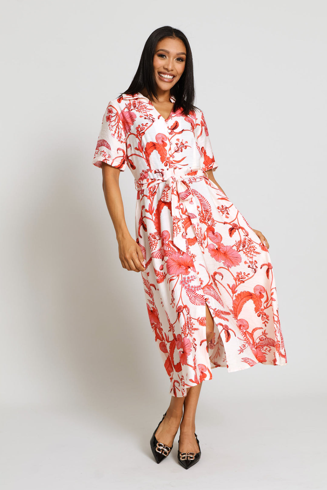 V-Neck Button Through A-Line Maxi Dress - Coral