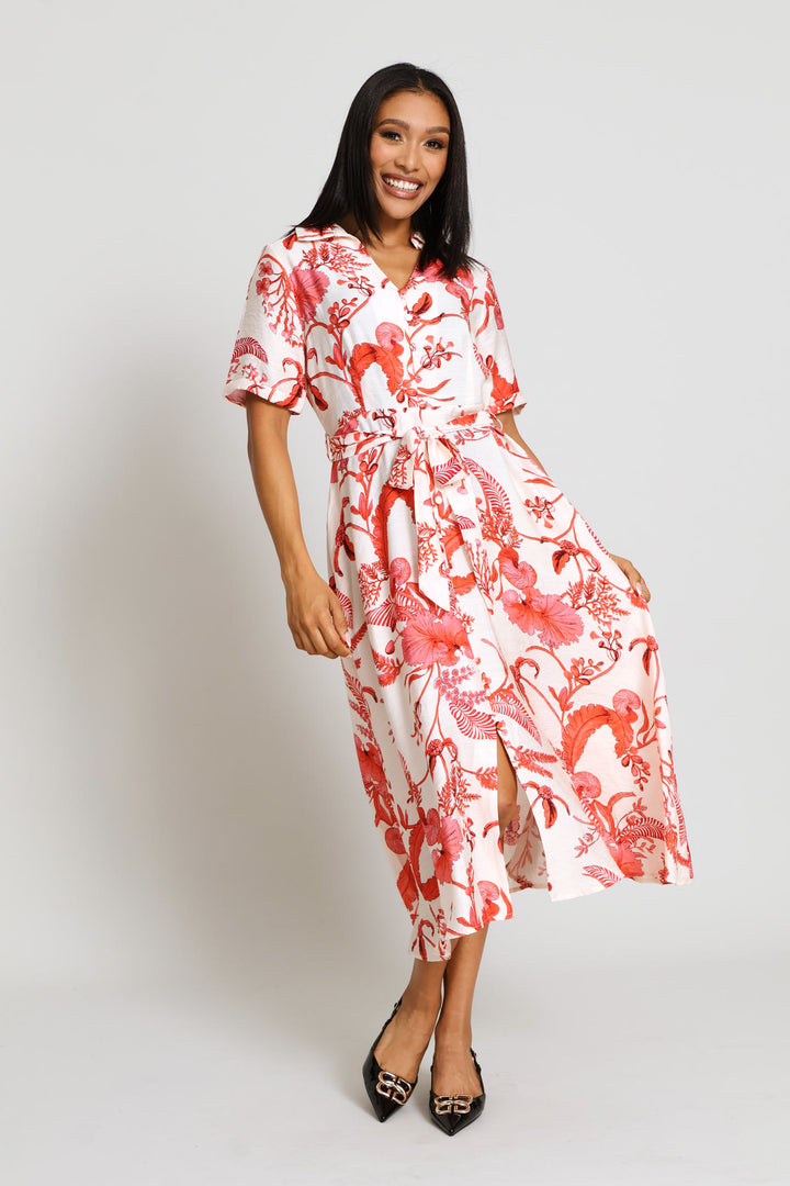 V-Neck Button Through A-Line Maxi Dress - Coral