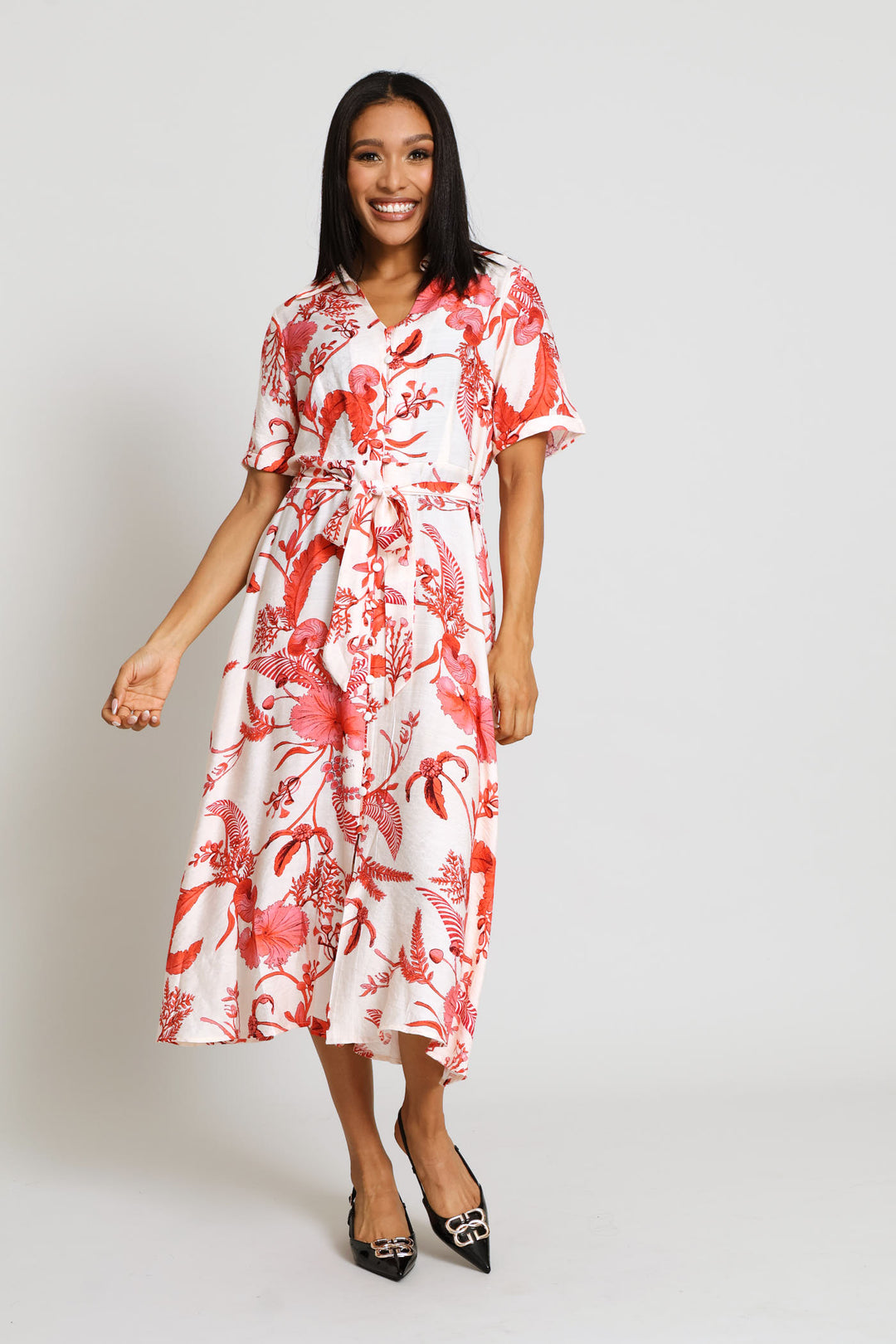 V-Neck Button Through A-Line Maxi Dress - Coral