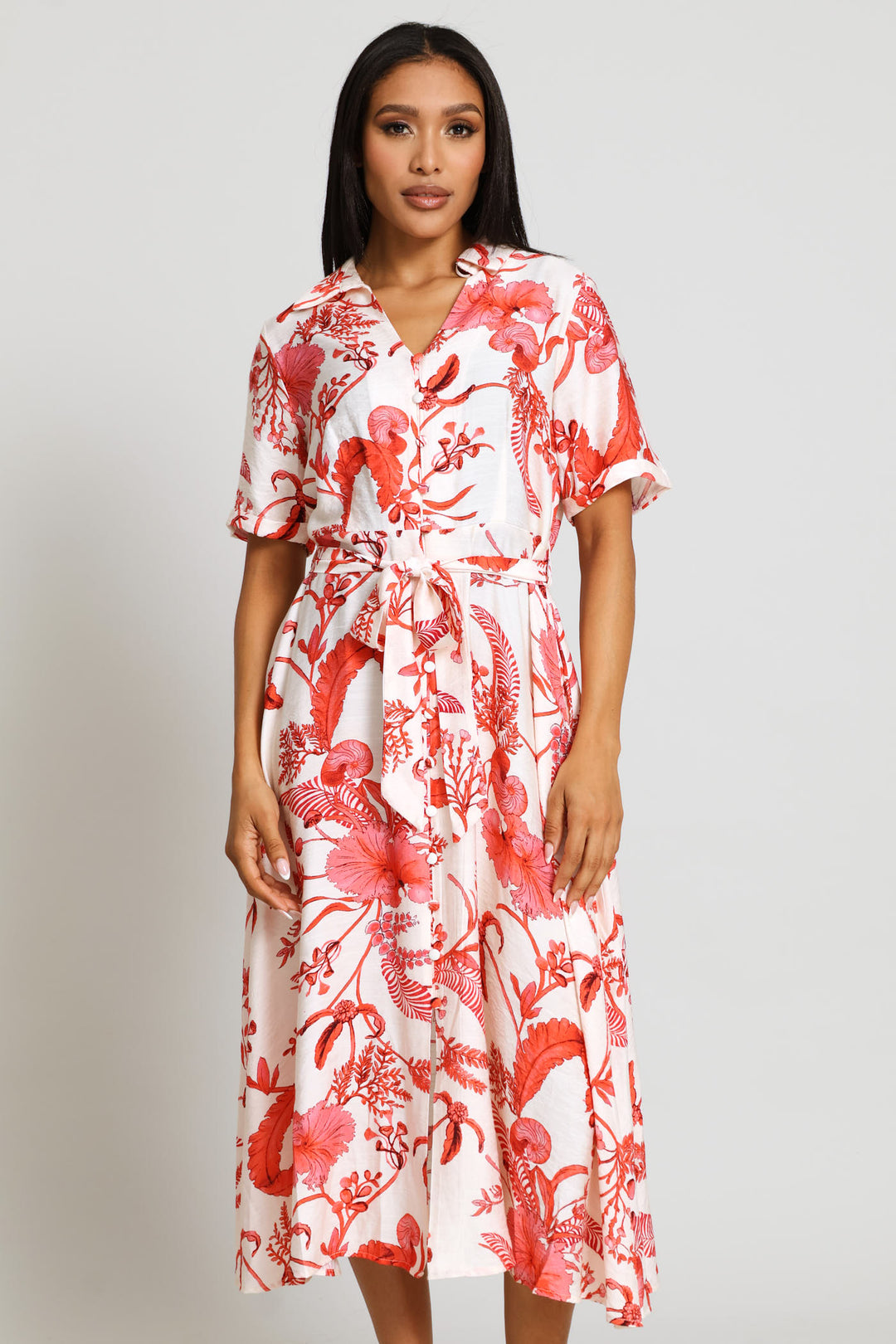 V-Neck Button Through A-Line Maxi Dress - Coral