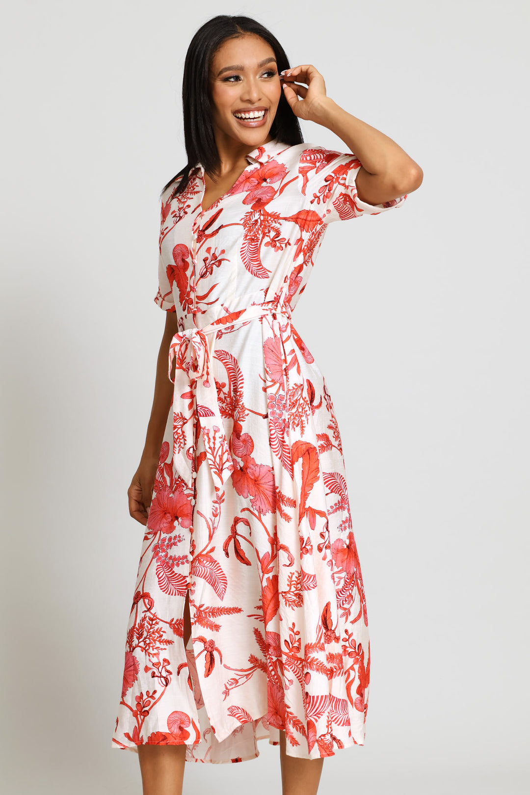 V-Neck Button Through A-Line Maxi Dress - Coral