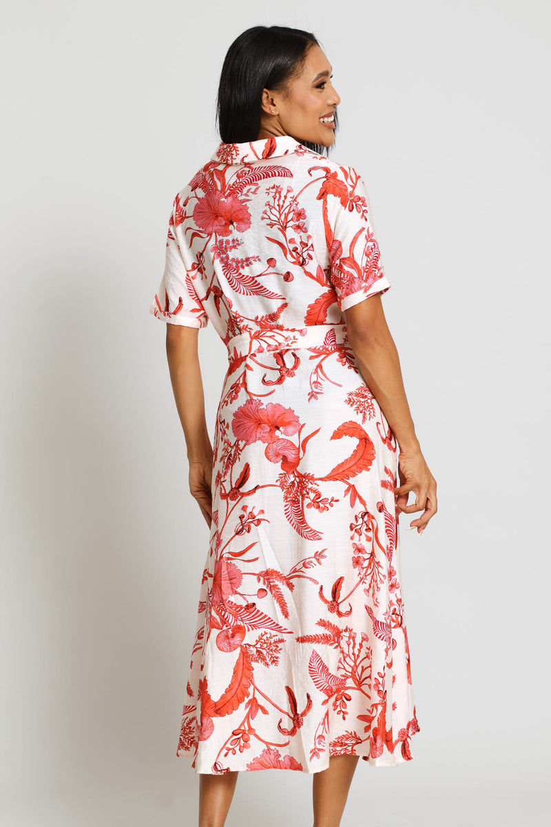 V-Neck Button Through A-Line Maxi Dress - Coral
