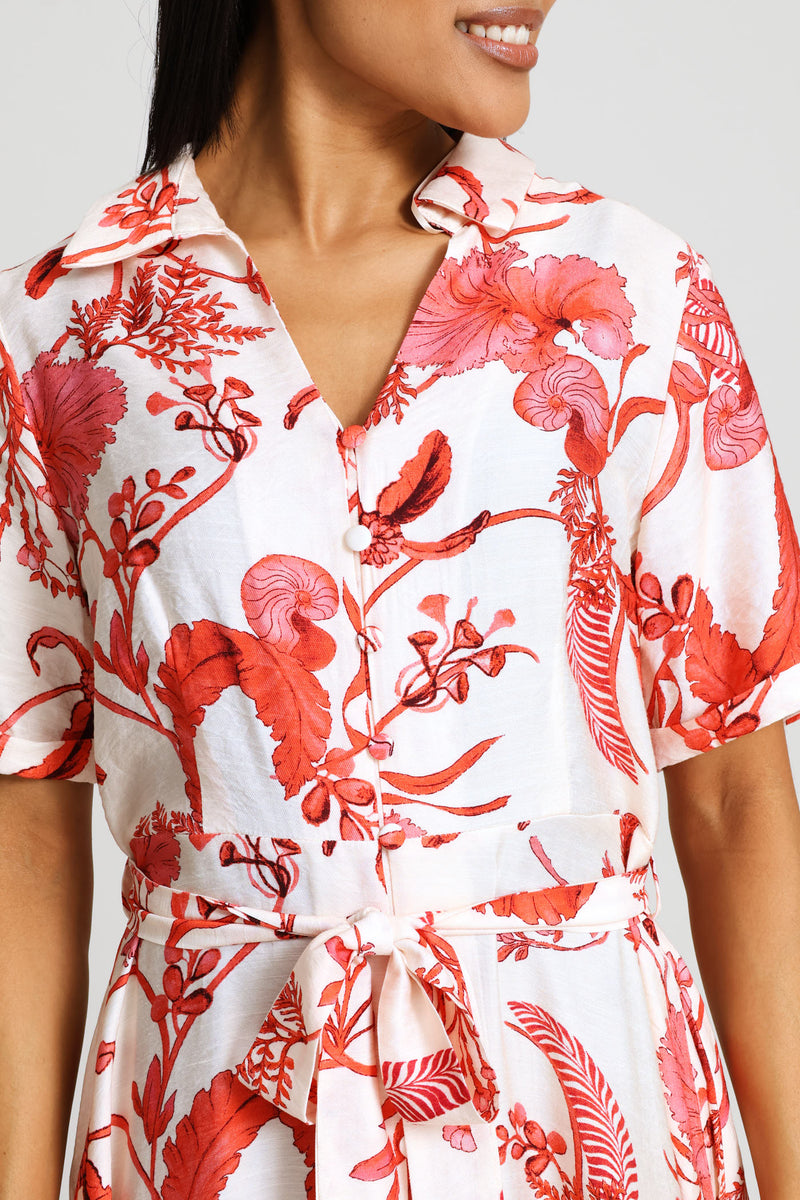 V-Neck Button Through A-Line Maxi Dress - Coral