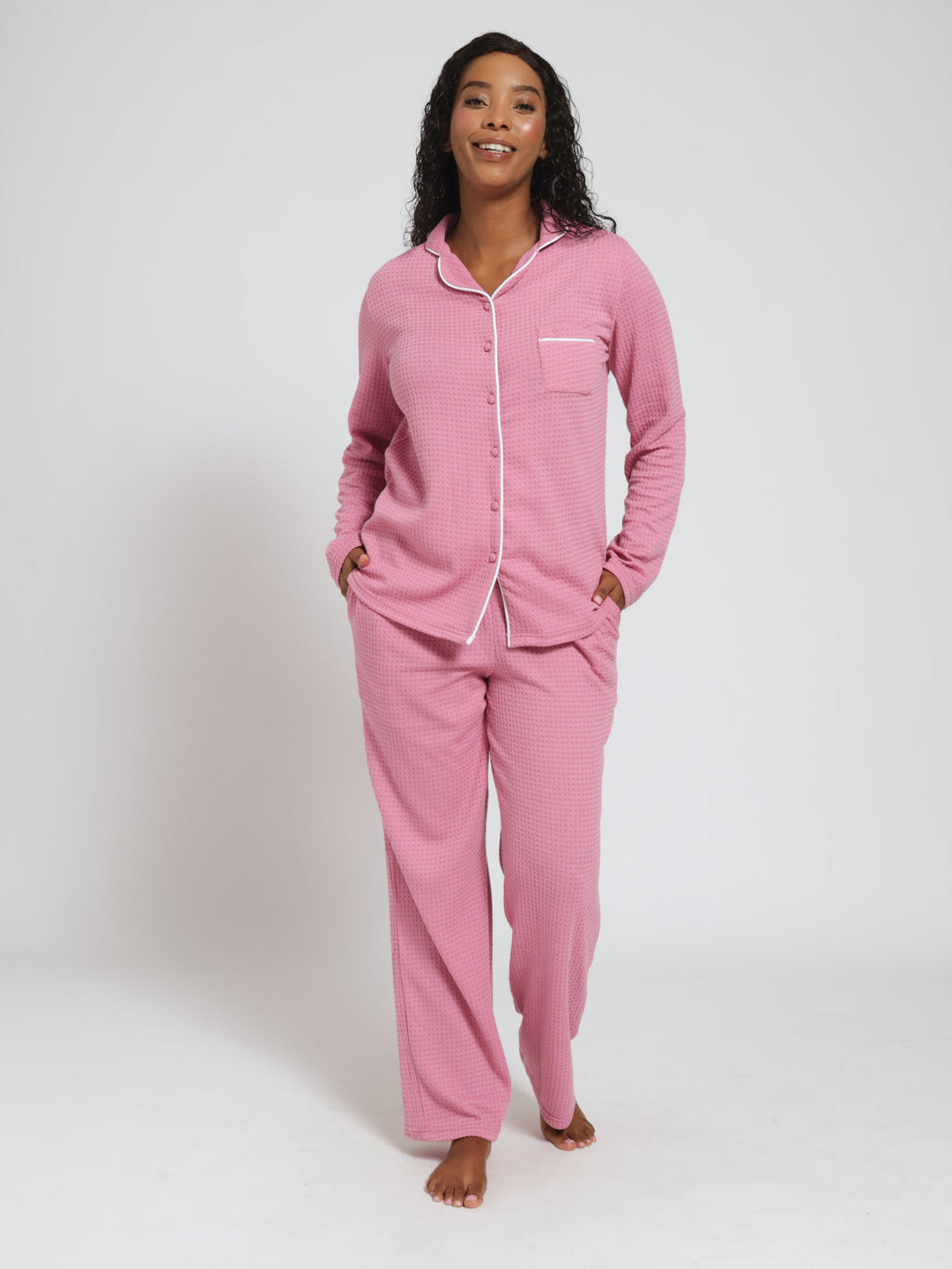 Pyjama Set Waffle Pyjamas Womens Ladies Long Sleeve Waffle Knit