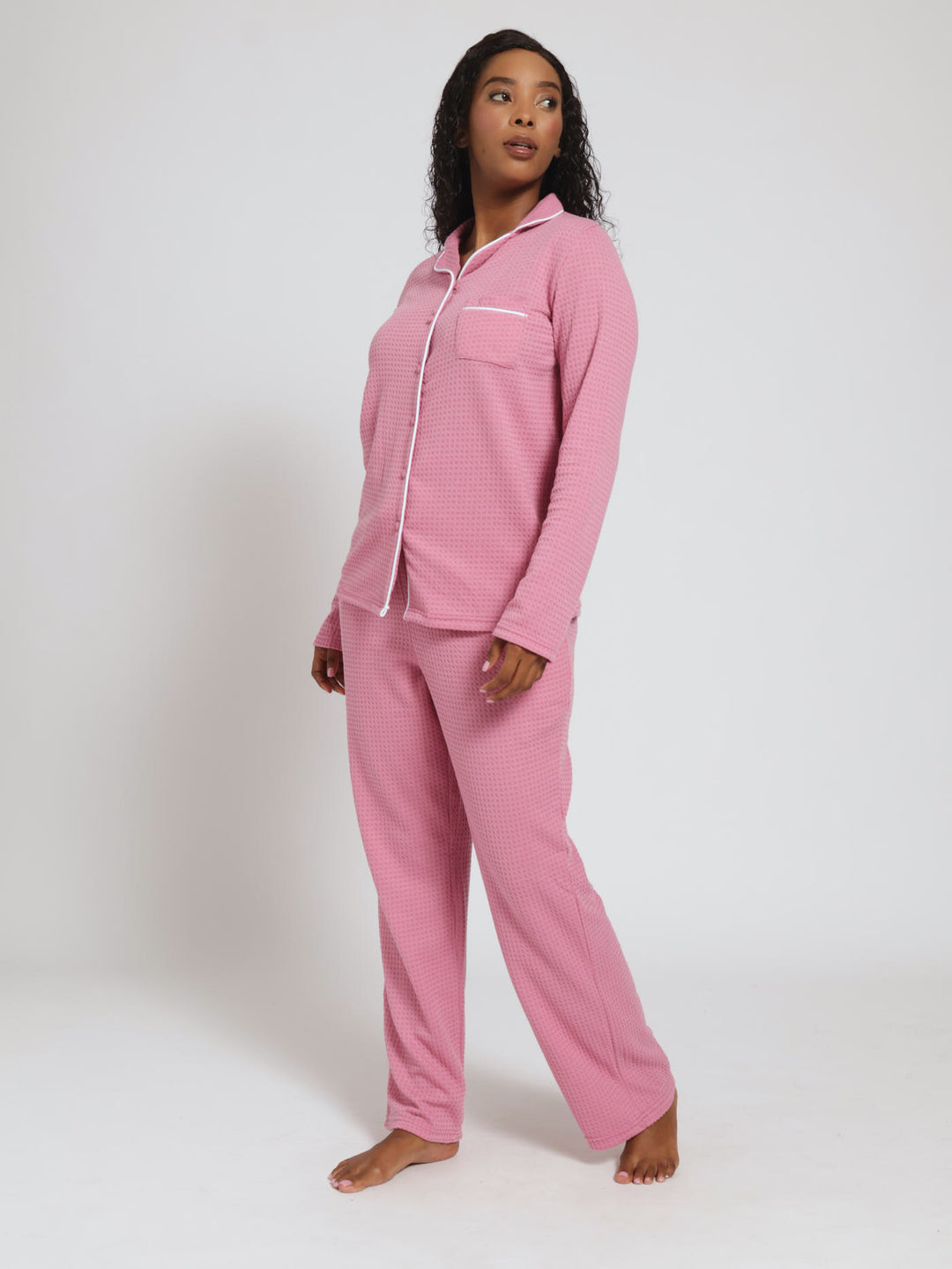Long Sleeve Waffle Knit Button Through Shirt & Pants Pj Set - Dusty Pink