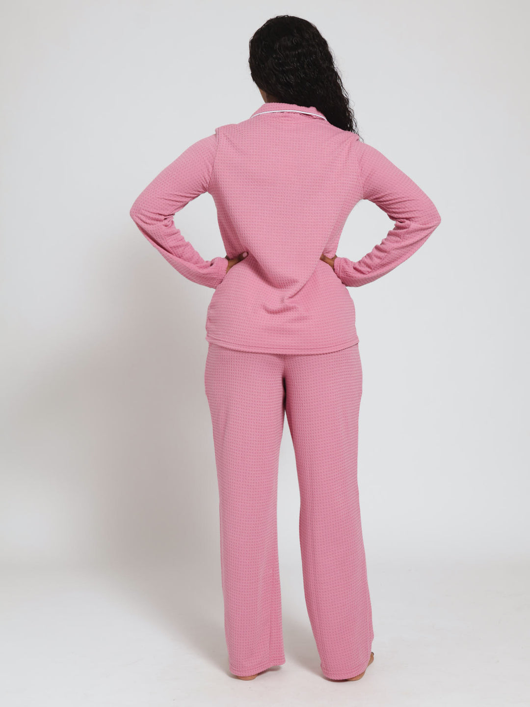 Long Sleeve Waffle Knit Button Through Shirt & Pants Pj Set - Dusty Pink