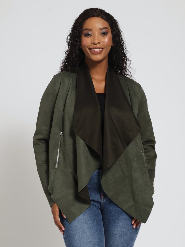 Long Sleeve Suede Waterfall Jacket With Zip Detail - Fatigue