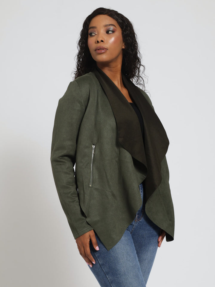 Long Sleeve Suede Waterfall Jacket With Zip Detail - Fatigue