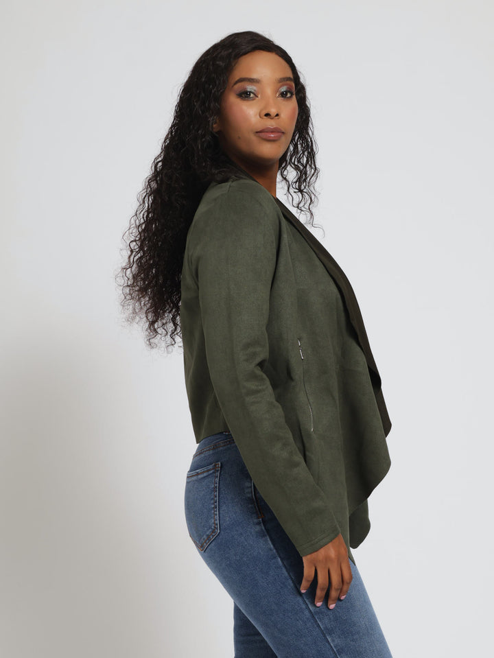 Long Sleeve Suede Waterfall Jacket With Zip Detail - Fatigue