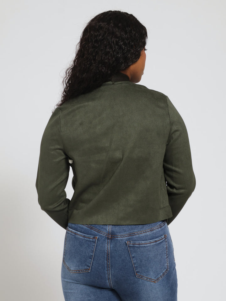 Long Sleeve Suede Waterfall Jacket With Zip Detail - Fatigue