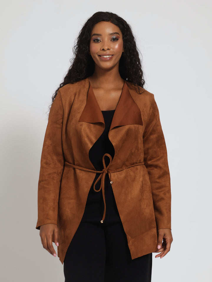 Long Sleeve Suede Waterfall Jacket - Brown