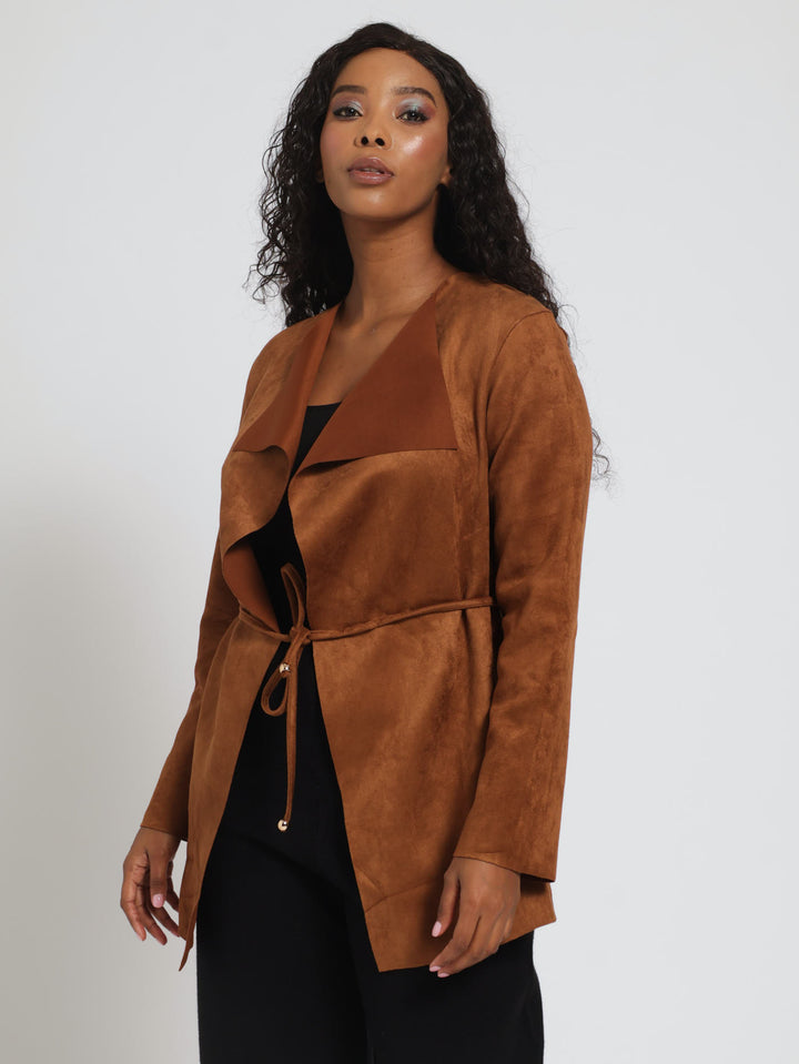 Long Sleeve Suede Waterfall Jacket - Brown