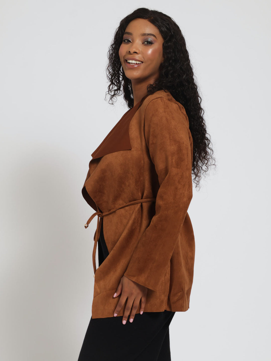 Long Sleeve Suede Waterfall Jacket - Brown