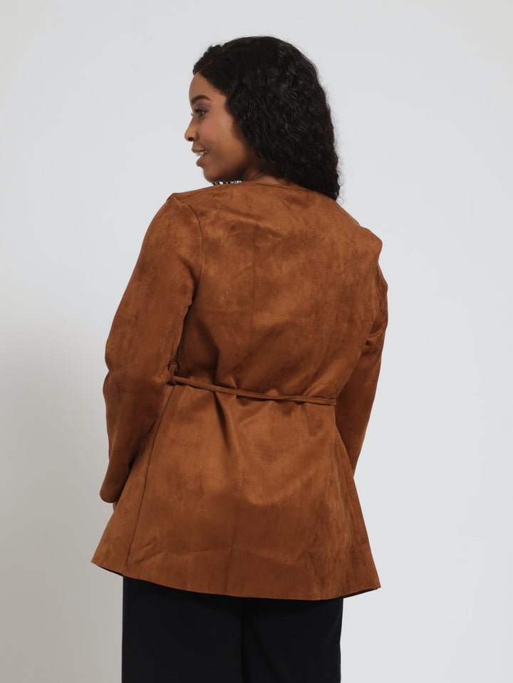 Long Sleeve Suede Waterfall Jacket - Brown
