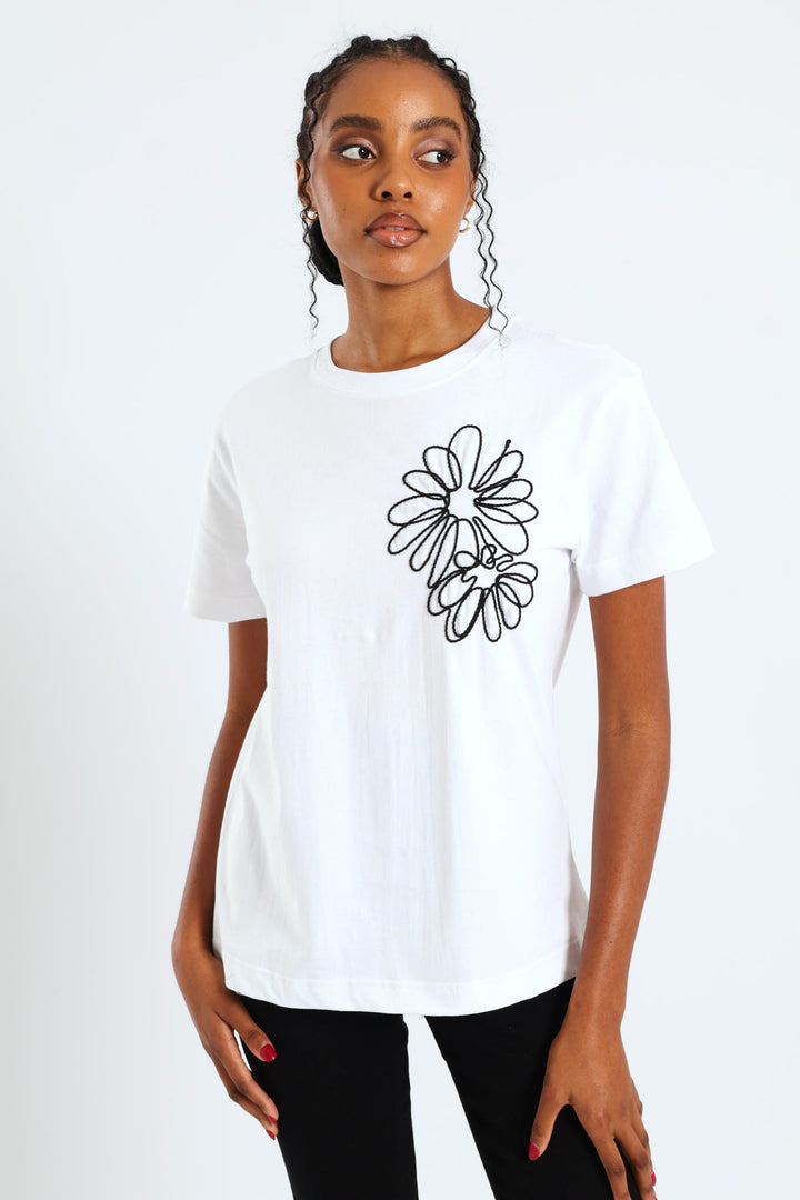Rib Neck Daisy Cornelli Tee - White/Black