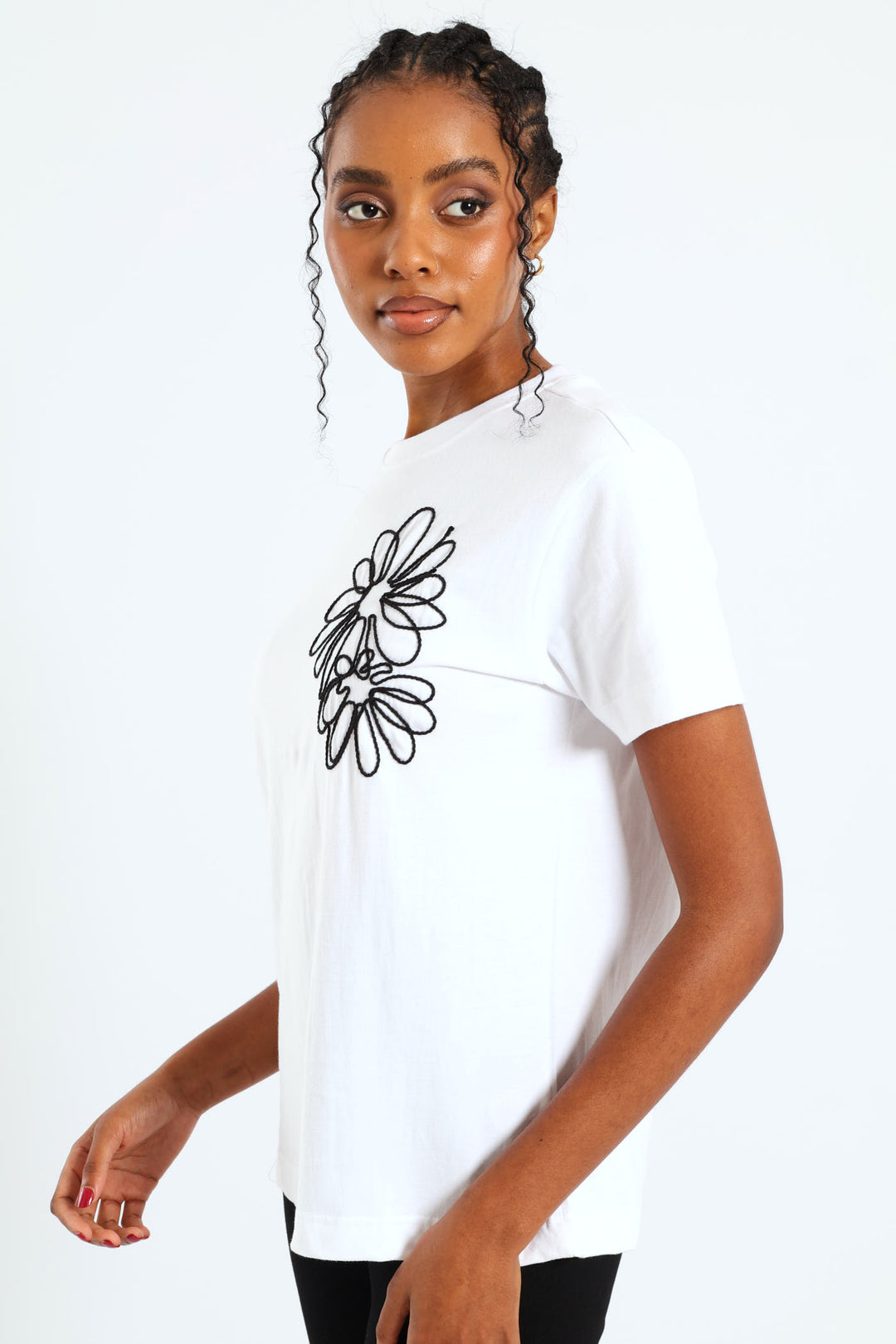 Rib Neck Daisy Cornelli Tee - White/Black