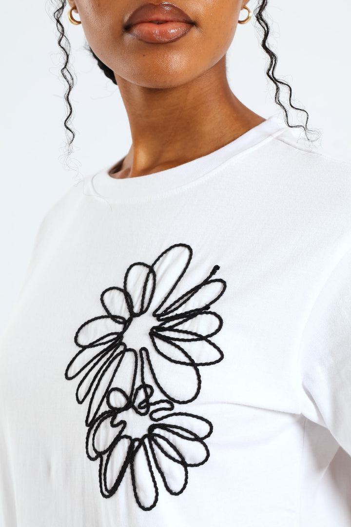 Rib Neck Daisy Cornelli Tee - White/Black